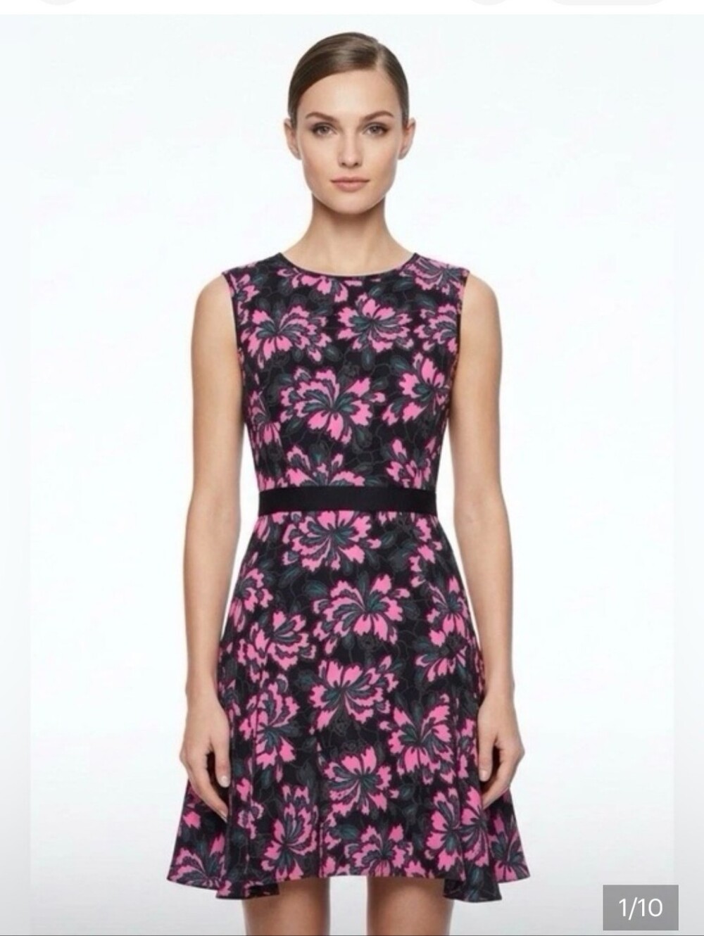 Milly 100% Silk Black Mini Dress with Hot Pink Floral Print Fit And Flare Size 2